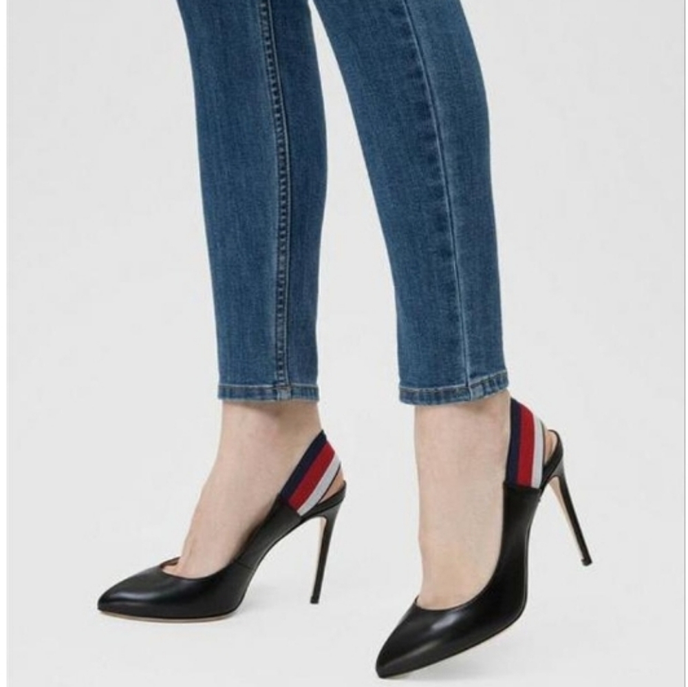 NWOT GUCCI Sylvie 75 Black Leather Red Slingback Strap Sandal Mule Heel Pump37.5 - Picture 4 of 16
